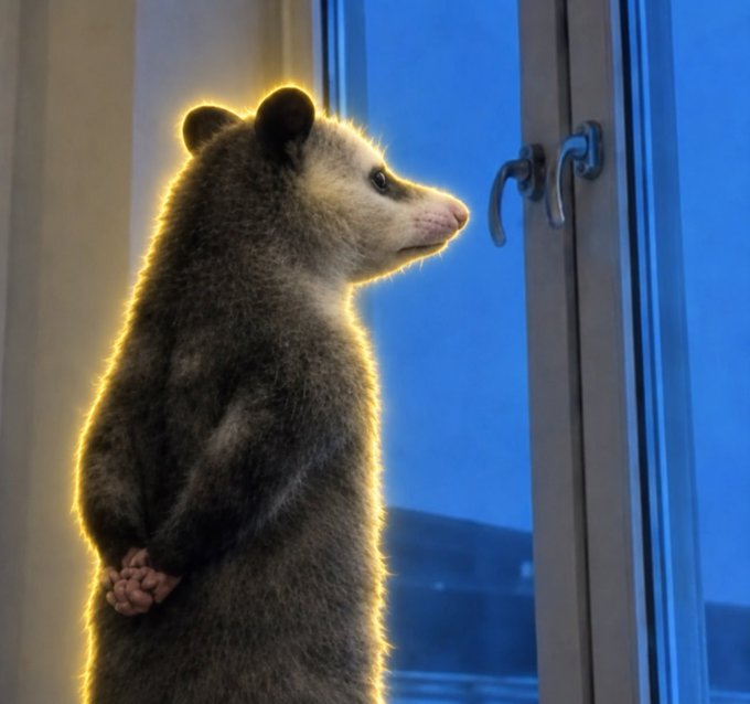 A possum stands on its hind legs looking out a window, backlit with a glowing yellow outline, with its hands clasped behind its back.