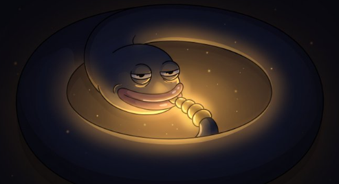 Illustration of a sleepy cartoon snake curled up inside a glowing bowl against a dark starry background.