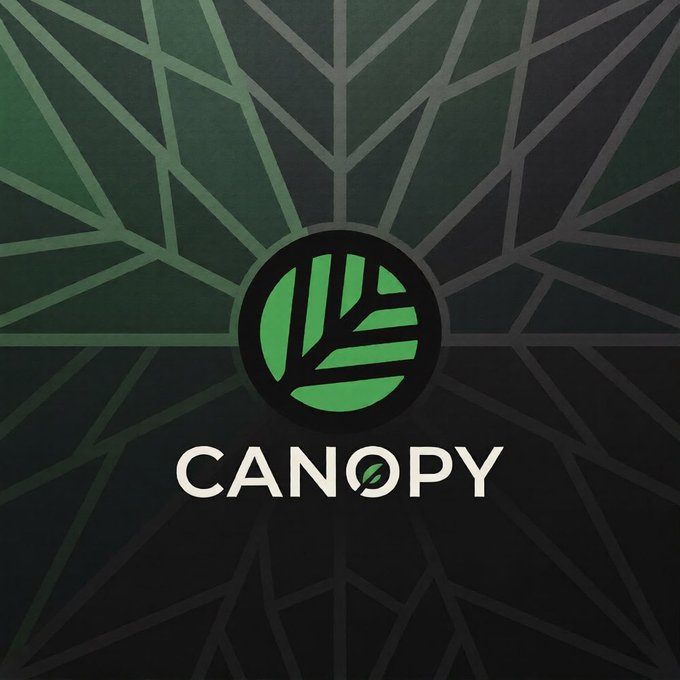 The logo for Canopy, featuring a green circular emblem with a stylized leaf design set against a dark geometric background.