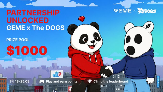 A promotional graphic titled 'PARTNERSHIP UNLOCKED' featuring a GEME x The DOGS collaboration with a $1000 prize pool, dated 18-25.08, showing two panda cartoon characters shaking hands.