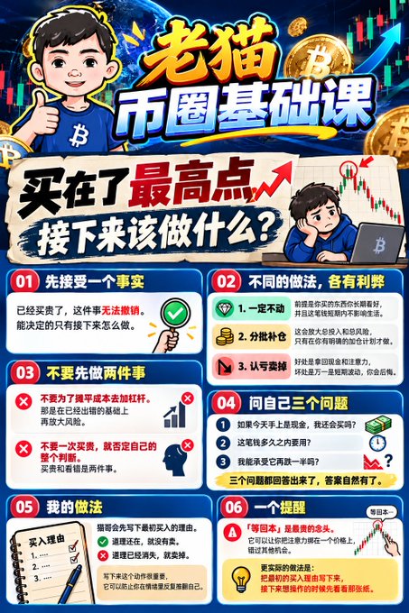 The image is a Chinese cryptocurrency trading infographic featuring a cartoon character named "老猫" (Old Cat) presenting a "币圈基础课" (Crypto Basics Course) titled "买在了最高点，接下来该做什么？" (Bought at the peak—now what?). It contains six numbered sections with advice on handling buying at market tops, including accepting the fact, different holding strategies, mistakes to avoid, self-reflection questions, and reminders about "筹码成本" (position cost), with Bitcoin (B) symbols and candlestick chart graphics throughout.