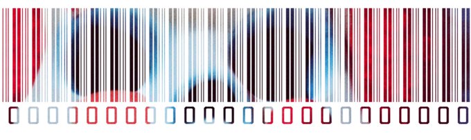 A barcode with red, blue, gray, and black vertical bars and a row of small outlined digits or characters appears on a white background.