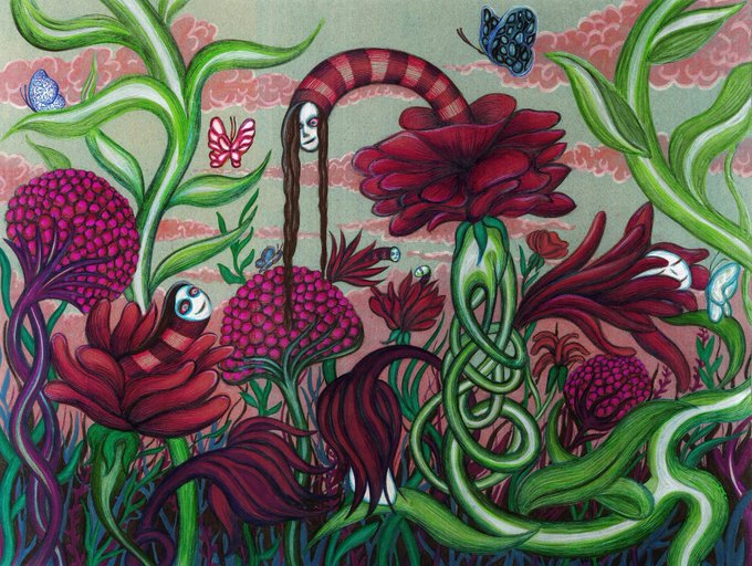 A vibrant, surreal illustration featuring an arching candy-cane striped stem that morphs into a human face, surrounded by large pink and red flowers, twisting green vines, and butterflies against a cloudy pink sky.