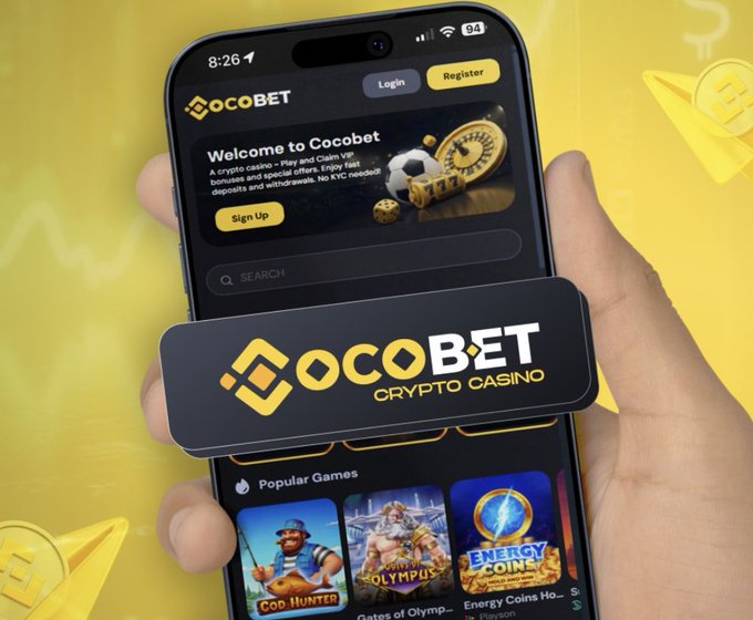 The image shows a hand holding a smartphone displaying the Cocobet Crypto Casino app on a bright yellow background, with a prominent "COCOBET CRYPTO CASINO" logo overlay and game thumbnails like "Cod Hunter" and "Energy Coins" visible, aligning with the post's $20 airdrop promotion for the @cocobet.offici Instagram page.