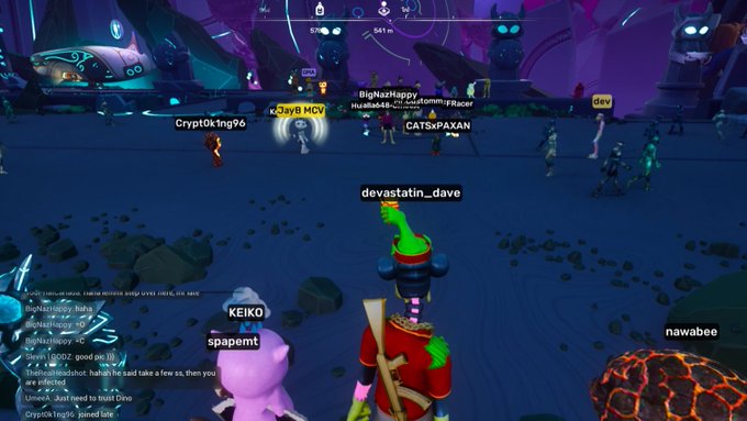A screenshot from a multiplayer game showing various characters including 'devastatin_dave', 'KEIKO', 'spapemt', and 'BigNazHappy' in a purple-tinted landscape.