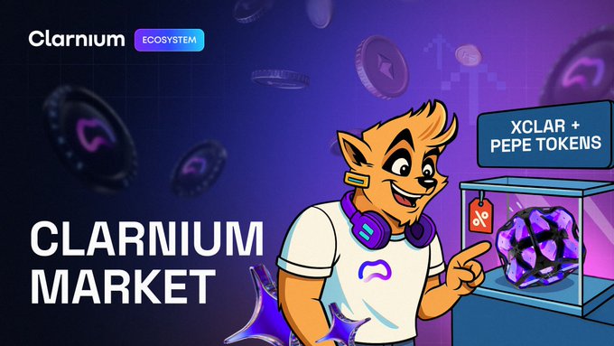 The image features an advertisement for a marketplace called @clarnium_io, which sells cryptocurrency trading boxes. The main character in the image is a cartoon cat wearing headphones and standing next to a box with a purple background. The cat appears to be pointing at something inside the box, possibly a reward or a drop of cryptocurrency tokens. The text on the image reads "@clarnium_io marketplace" and "xCLAR Market", indicating that this is an advertisement for a cryptocurrency trading platform.