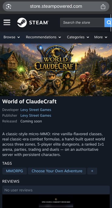 Steam store page for 'World of ClaudeCraft' by Levy Street Games, an MMORPG featuring nine vanilla-flavored classes, classic-era combat, 5-player elite dungeons, and a ranked 1v1 arena.
