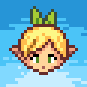 A small pixel art sprite of a blonde elf-like character with pointed ears and a crown against a blue background.