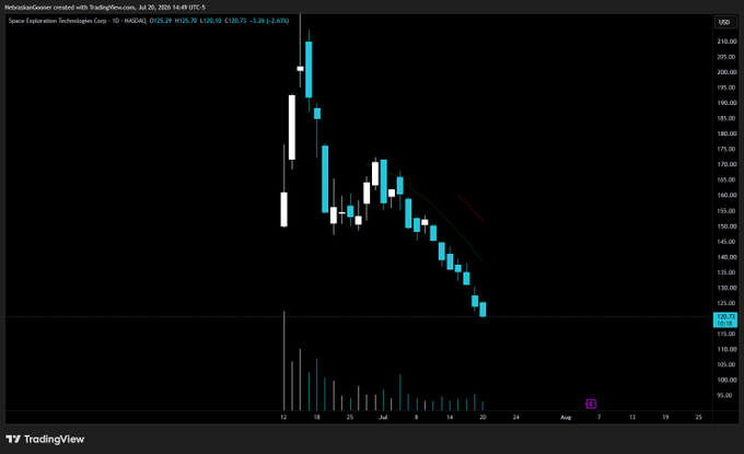 A TradingView daily candlestick chart of $SPCX (Space Exploration Technologies Corp - 1D) on NASDAQ shows a sharp decline from ~$210 to ~$120, with the chart header noting a -2.62% drop and listing key price levels (O125.70, H125.70, L120.25, C120.25), visually confirming the post's observation of nearly consecutive red daily candles trending steadily downward.