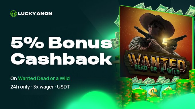 A promotional banner from Lucky Anon Casino advertising "5% Bonus Cashback" on the slot game "Wanted Dead or a Wild," featuring a cowboy character with guns surrounded by money and gold coins, with details noting the offer is valid for 24 hours only with a 3x wager requirement in USDT—matching the cashback promo described in the post.