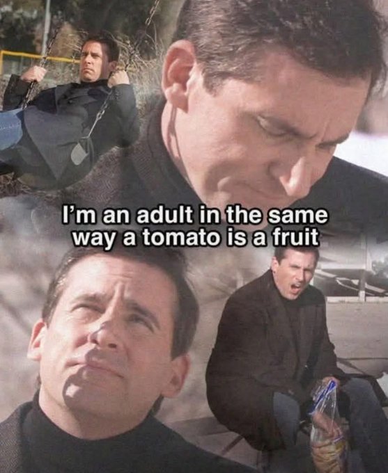 A four-panel meme featuring actor Steve Buscemi in various scenes, with white text overlay reading 'I'm an adult in the same way a tomato is a fruit'.