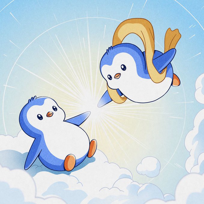 An illustration of two cute blue and white cartoon penguins, with one holding a yellow scarf, floating among clouds against a bright sky.