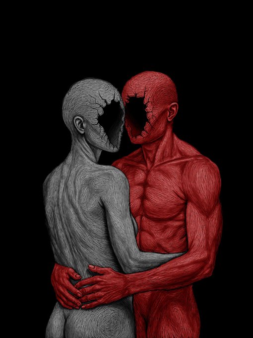 A detailed, surreal illustration depicts two muscular, faceless humanoid figures—one gray and one red—embracing against a black background.