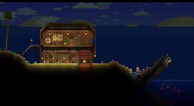 A screenshot from the pixel-art MMO game Terraria, showing a two-story wooden house with NPC characters on a nighttime coastal landscape, used to promote a giveaway for 10 GTD spots in @playarcia, the first MMO on the @arc blockchain.