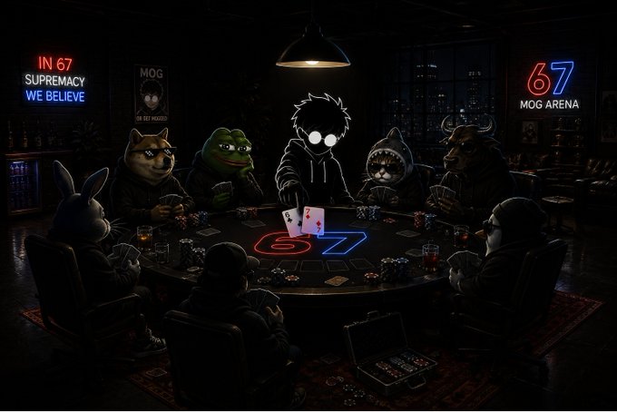 The image depicts a dimly lit, neon-accented poker table scene where various meme-inspired characters—including a doge, Pepe frog, shark, and hooded figure—play cards, with a glowing "67" displayed in the center of the table. Neon signs read "IN 67 SUPREMACY WE BELIEVE," "MOG THE KEY MASTER," and "67 MOG ARENA," visually tying the artwork to the post's promotion of the @sixsevenapp MOG Arena and its community-driven, social gaming concept.
