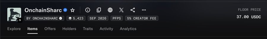 A dark-themed NFT collection profile for 'OnchainSharc' by ONCHAINSHARC, showing 5,423 items, September 2026 launch, PPS, 5% creator fee, and a floor price of 37.00 USDC, with navigation tabs for Explore, Items, Offers, Holders, Traits, Activity, and Analytics.