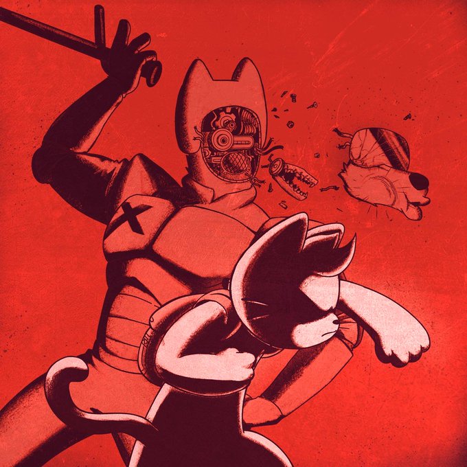 A menacing figure with cat ears, marked "X" on their shoulder, swings a katana while a smaller cat-like character watches as an opponent's head is sliced clean off, set against a striking red background. The dramatic violence and confident katana-wielding pose visually echo the post's message, depicting a character who fearlessly eliminates threats to claim their fortune.