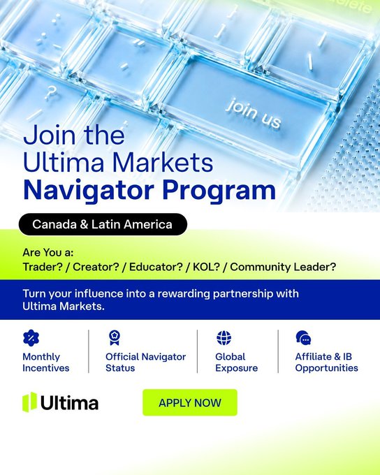 An advertisement for the 'Ultima Markets Navigator Program' in Canada & Latin America, targeting traders, creators, educators, KOLs, and community leaders, with an 'APPLY NOW' button.