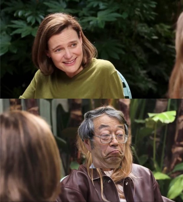 A split-screen interview scene showing a smiling woman with brown hair in an olive green shirt on top, and a man with long gray hair and glasses in a brown leather jacket on the bottom, set against a tropical green background.