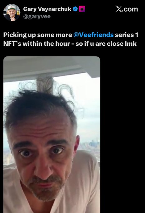 A tweet from Gary Vaynerchuk (@garyvee) reads "Picking up some more @Veefriends series 1 NFT's within the hour - so if u are close lmk," accompanied by a close-up selfie of his disheveled face, suggesting his continued promotion of NFT investments despite the market's decline.