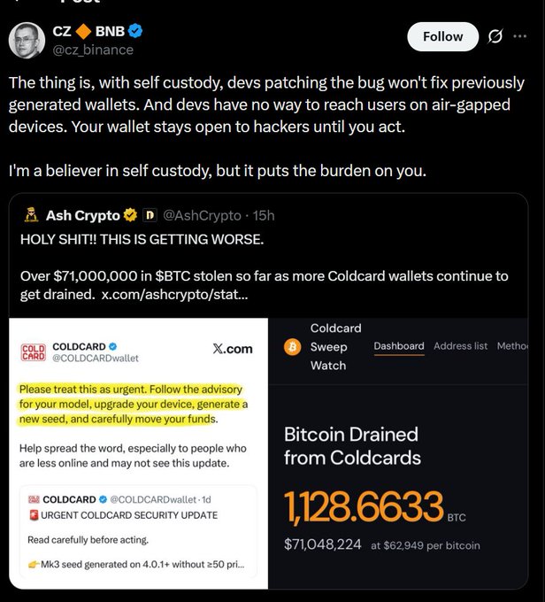 A tweet from CZ (cz_binance) discussing self-custody and a bug in wallets, quoting Ash Crypto who reports that over $71,000,000 in BTC has been stolen from Coldcard wallets.