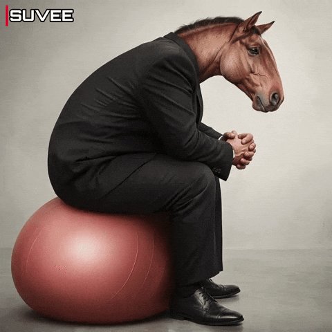 The image features a man dressed in a suit, sitting on a large red exercise ball that appears to be deflated or empty. This unusual scene suggests that the man might be taking a break from his usual business attire and engaging in some form of relaxation or stress relief by using the exercise ball as a seat. The post caption reads: "sacked up".