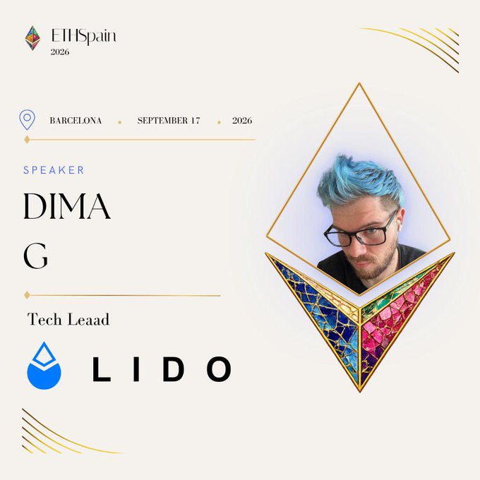 A promotional graphic for ETHSpain 2026 in Barcelona on September 17, 2026, featuring speaker Dima G, Tech Lead at Lido.