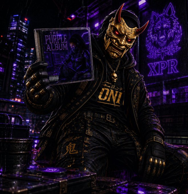 AI-generated artwork of a masked character wearing an Oni demon mask and jacket with 'ONI' and '鬼' (demon) kanji, holding a CD case labeled 'THE PURPLE ALBUM' against a neon purple cyberpunk city backdrop with an 'XPR' wolf logo.