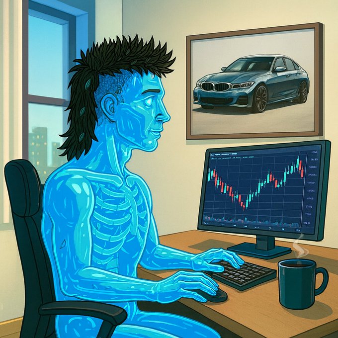 A digital illustration of a translucent blue humanoid figure with a mohawk hairstyle sitting at a desk with a keyboard, looking at a trading chart on a monitor, while a framed picture of a BMW car hangs on the wall behind them, with a steaming coffee mug nearby.