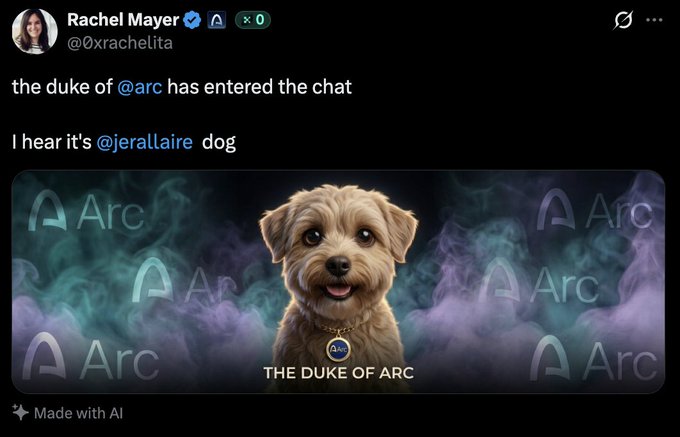 A screenshot of a tweet by Rachel Mayer (@0xrachelita) reading, "the duke of @arc has entered the chat / I hear it's @jerallaire dog," accompanied by an AI-generated image of a smiling puppy labeled "THE DUKE OF ARC" with Arc branding in the background, reflecting the poster's criticism that Arc's team is shilling an AI-generated dog mascot.