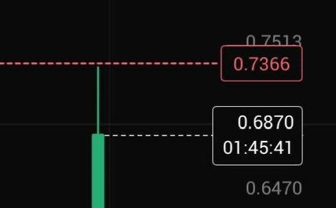 The image shows a financial trading chart with a green candlestick marked at 0.6870 alongside a timestamp of 01:45:41, with nearby price levels of 0.7513 (highlighted in red), 0.7366, and 0.6470. This appears to reflect a trading session for $VELVET, with the user's frustrated reaction suggesting an unfavorable price movement or trade outcome near these levels.