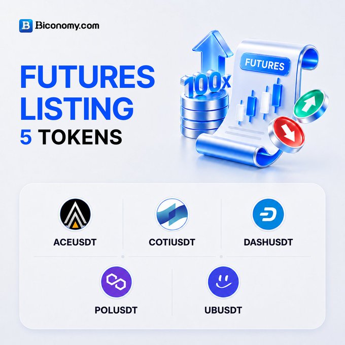 Biconomy.com announces 5 new futures listings—ACEUSDT, COTIUSDT, DASHUSDT, POLUSDT, and UBUSDT—now available as USDT-M perpetual contracts with up to 100x leverage, as shown in the promotional graphic featuring the platform's blue-themed branding and trading visuals.