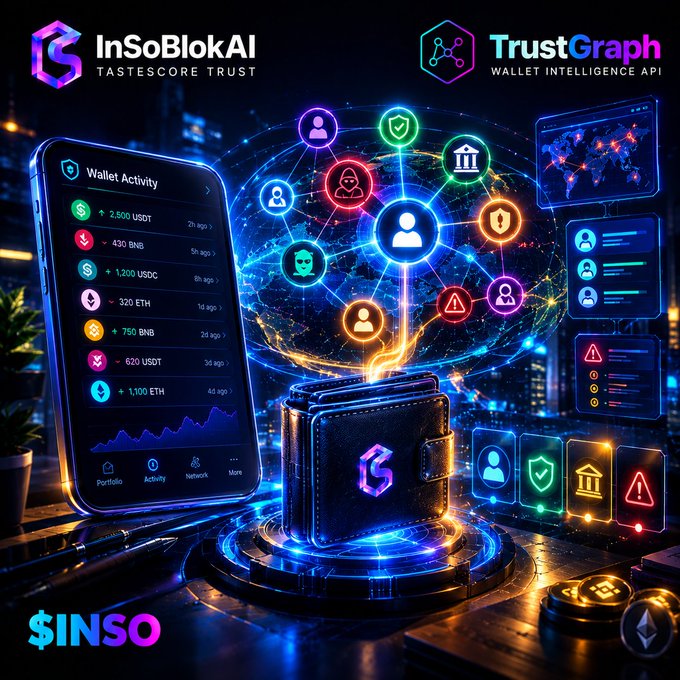 Promotional graphic for InSoBlokAI (Tastescore Trust) and TrustGraph (Wallet Intelligence API), showing a smartphone displaying wallet activity and a digital wallet connected to a glowing network of user icons, with the $INSO token featured prominently.