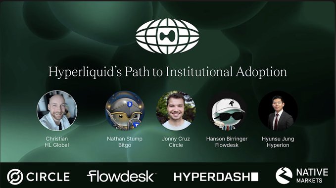 The image is a promotional graphic for a discussion titled "Hyperliquid's Path to Institutional Adoption," featuring panelists Christian (HL Global), Nathan Stump (Bitgo), Jonny Cruz (Circle), Hanson Birringer (Flowdesk), and Hyunsu Jung (Hyperion), with sponsor logos for Circle, Flowdesk, Hyperdash, and Native Markets displayed below—aligning with the YouTube video linked in the post about Hyperliquid ($HYPE) gaining institutional traction.