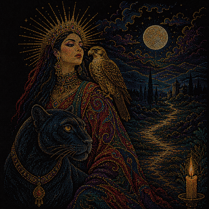 A pointillist-style artwork depicting a regal woman with a golden crown and radiant halo, accompanied by a falcon on her shoulder and a black panther at her side, set against a night sky with a full moon.