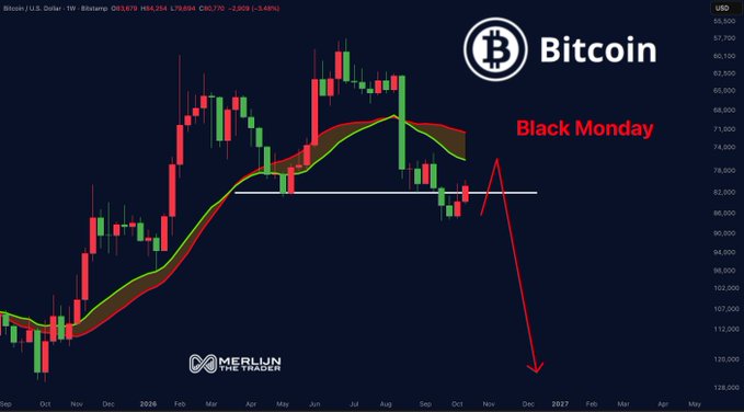 A weekly Bitcoin (BTCUSD) candlestick chart from Merlijn The Trader displays a dramatic bearish projection, with a red arrow plunging from the "Black Monday" annotation near $76,000 down toward $50,000, illustrating the alarming decline the post warns holders about.