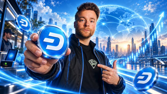 A man in a blue jacket proudly holds up a large Dash ($DASH) cryptocurrency coin against a futuristic cityscape backdrop featuring global charts and rising blue arrows, visually emphasizing Dash's renewed momentum and the post's theme of the veteran crypto's 80% monthly surge and overlooked potential.
