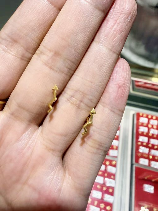 Two golden, zigzagging arrow-shaped earrings are held on a person's palm, symbolizing the volatile nature of investment and the hope for upward mobility. This visual metaphor connects to the accompanying text's exploration of men's risky ventures and the profound impact of their success or failure on their families.