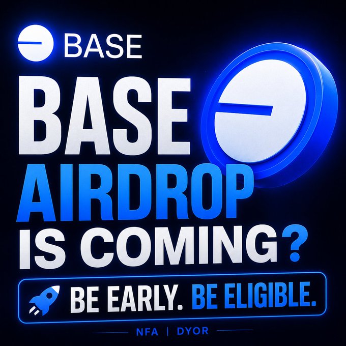 The image features a blue clock with white numbers, which appears to be floating or hovering above a text box that reads "Base Airdrop Is Coming?". The background of the image is black, making the clock stand out prominently against this backdrop. The text box contains some information about Base Airdrop and its potential future allocation.
