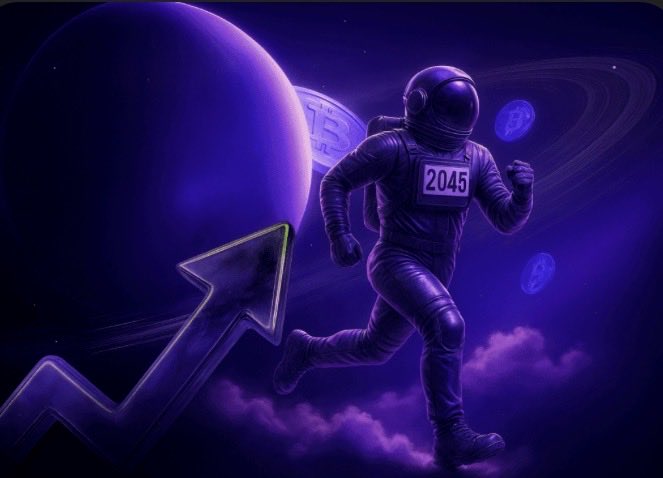 A digital illustration features an astronaut with '2045' on their chest running through space, accompanied by a rising stock chart arrow, a large purple planet, and Bitcoin and Dogecoin logos.