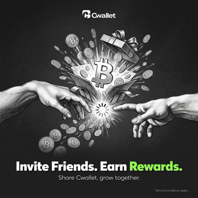 A Cwallet promotion with the tagline 'Invite Friends. Earn Rewards. Share Cwallet, grow together.' illustrated with hands reaching for Bitcoin symbols emerging from a gift box.
