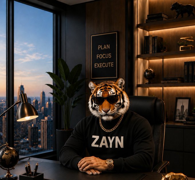 A digitally generated image of a tiger wearing sunglasses and a gold chain sitting at a desk in a high-rise office with a 'PLAN FOCUS EXECUTE' sign on the wall, wearing a black sweatshirt with 'ZAYN' printed on it.