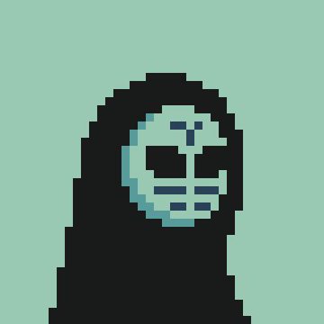 Pixel art of a dark hooded figure with a pale face and X-shaped eyes against a muted green background.