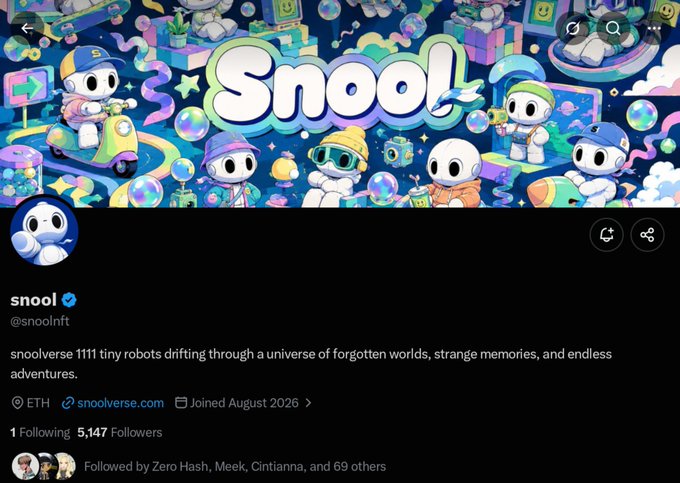 A Twitter profile for 'snool' (@snoolnft) featuring colorful artwork of small robots, describing 'snoolverse 1111 tiny robots drifting through a universe of forgotten worlds'.