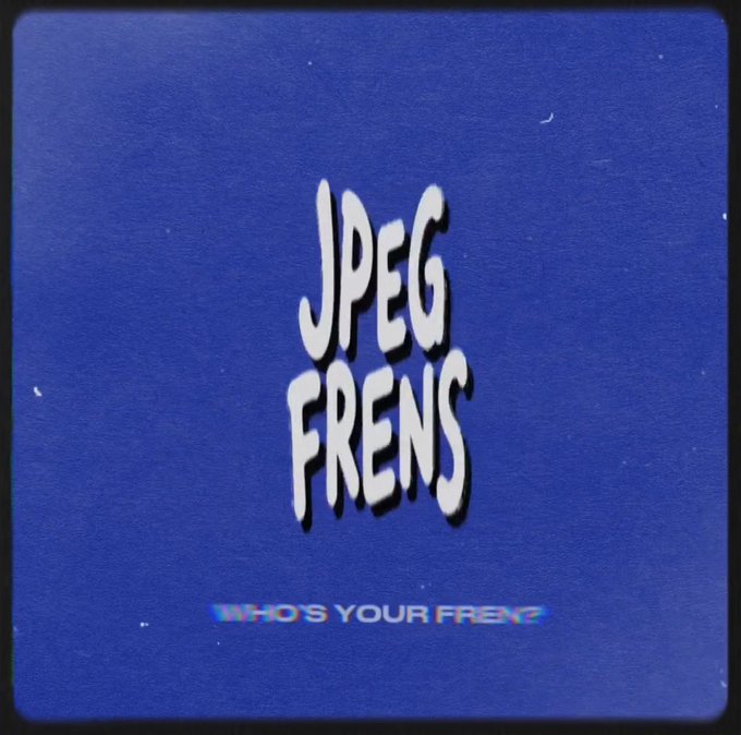 A blue square graphic displays the text "JPEG FRENS" in stylized white graffiti-style lettering, with "WHO'S YOUR FREN?" written below in a smaller font, representing the NFT collection mentioned in the post about minting 9,125 tokens at 0.0038 ETH on the Ethereum mainnet.
