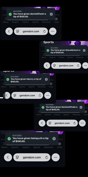 The image shows five success notifications from gamdom.com, each indicating that a $100.00 tip was given to different users: doniel2fresh, SteveMclovin, Hey!vy, GambaWhale, and takiqyvih. The post celebrates these active members on Gamdom, highlighting the quick turnarounds and appreciation for the community's engagement on the platform.