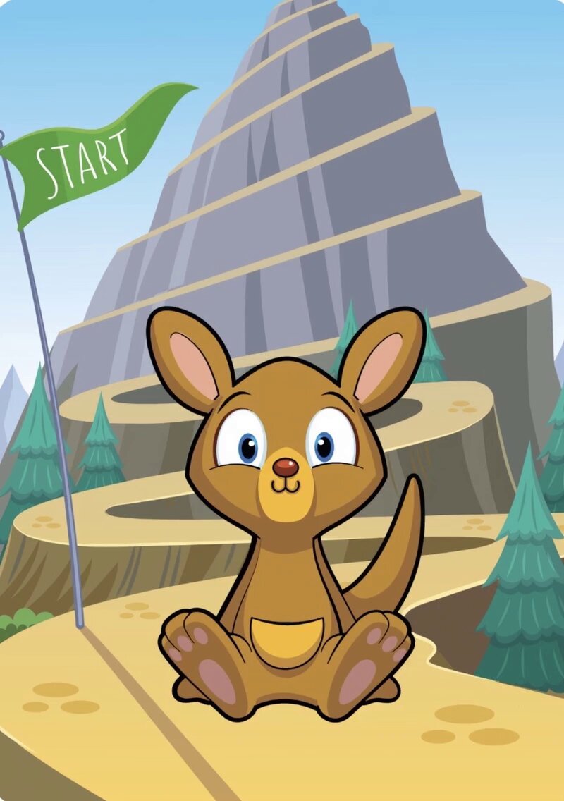 The image features a cartoon kangaroo sitting on a path, surrounded by trees and mountains. The kangaroo appears happy and content as it sits down for a photo. In the background, there are green flags that say "start" and "finish", indicating that this is part of an adventure or challenge.