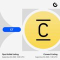 The image is a promotional graphic announcing that the CT token is now live on the Gate exchange, featuring the "CT" ticker prominently displayed on a yellow background alongside Gate's branding.