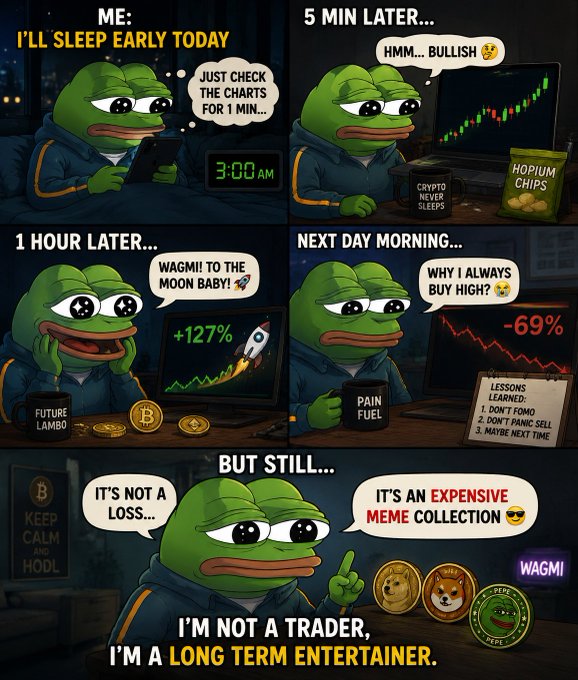 A multi-panel meme featuring Pepe the Frog depicting the classic crypto trader's cycle: vowing to sleep early at 3:00 AM, getting distracted checking charts, going "WAGMI" at +127% gains, then crying over a -69% drop the next morning, only to rationalize losses as an "expensive meme collection" and declare "I'm not a trader, I'm a long term entertainer." The image humorously relates to the $PUNK post by illustrating the volatile, emotional rollercoaster that bag-holding memecoin traders endure while hoping for eventual profits.