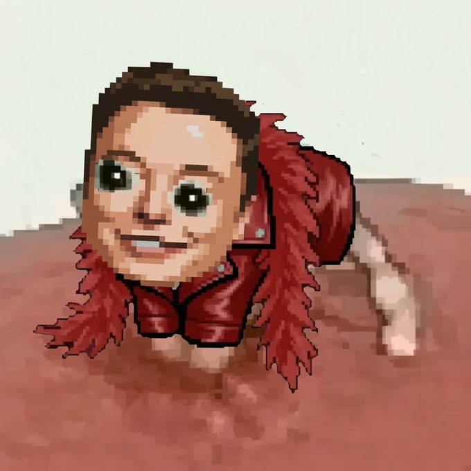A pixel art image showing a man's face superimposed on a crab body on a beach.